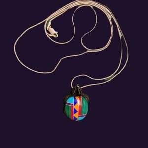 Black jade malachite, turquoise, spiney oyster coral hand made Turtle pendant